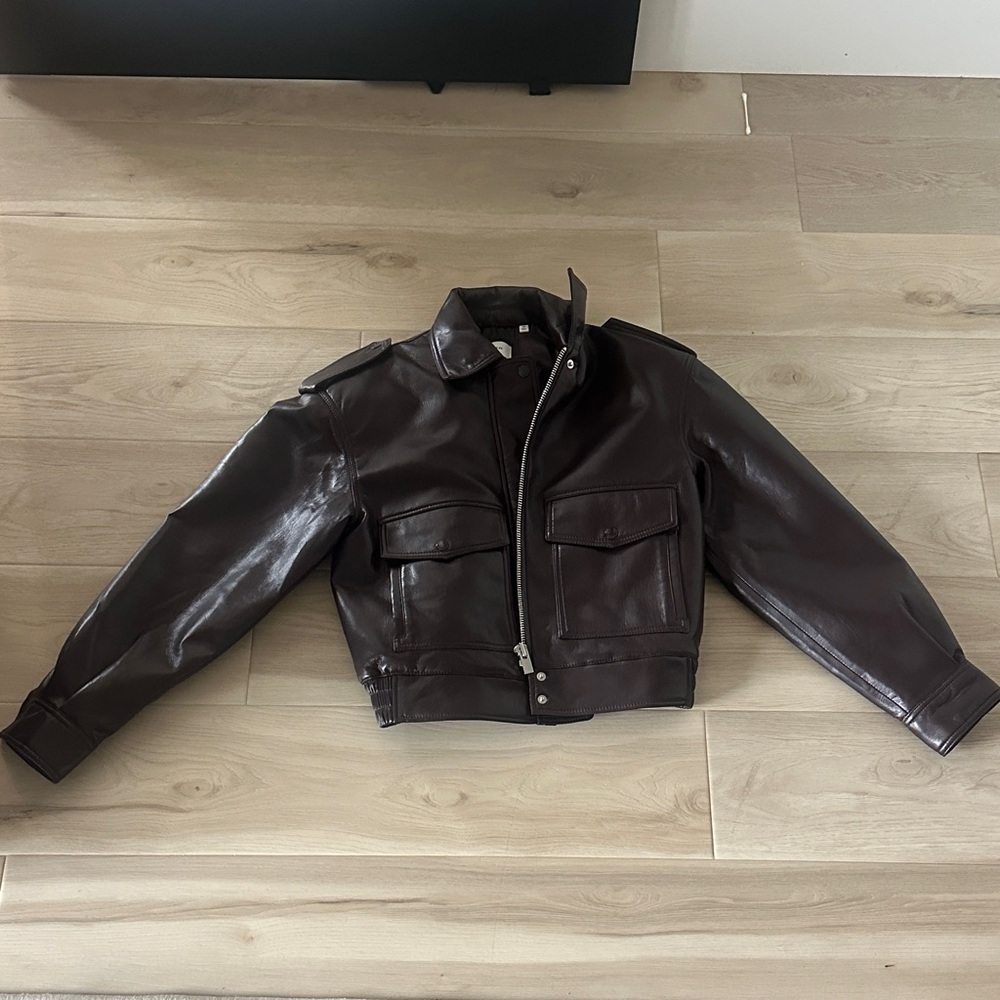 Aritzia Chocolate Leather Bomber Jacket